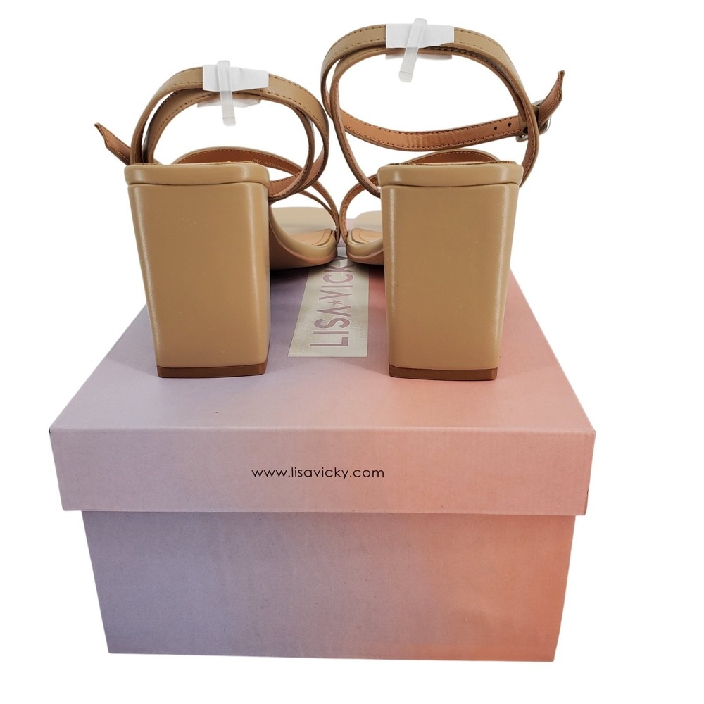 Lisa Vicky Violet V Tan Strappy Block Heel Square Toe Sandals Womens 9M New - Picture 4 of 7